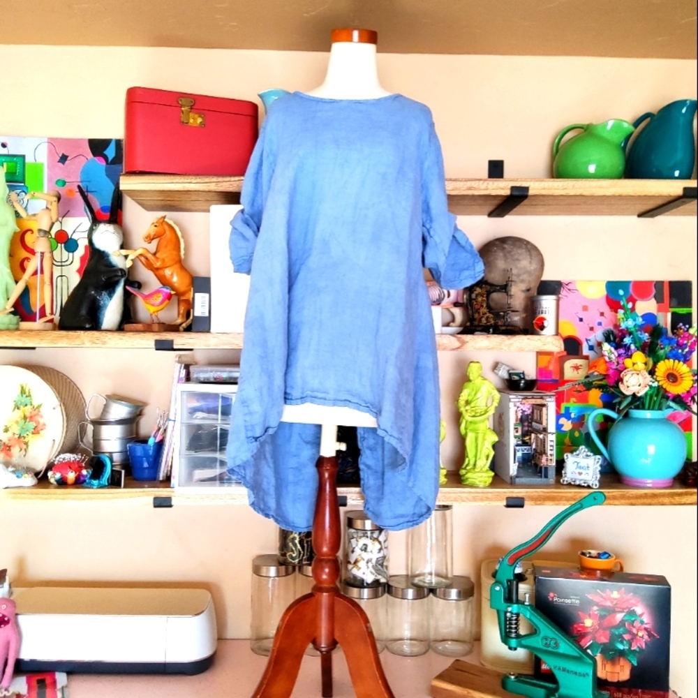 RAW MODA Italian Design Pure Linen Spring Blue Babydoll Loose Top M/L Bohemian